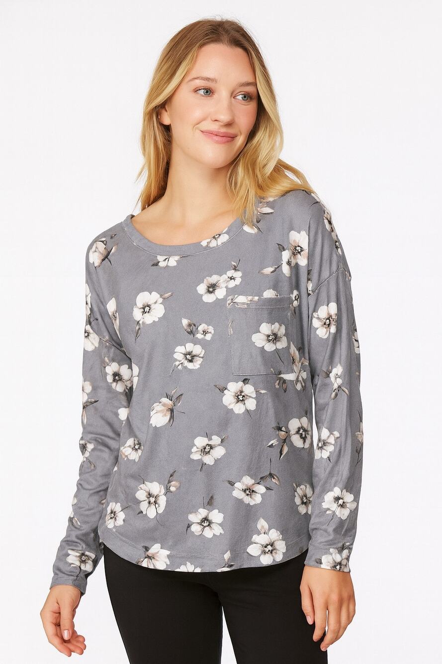 Tahari Women’s XL Floral Stretch Sleep Top – Soft Gray Lounge Shirt